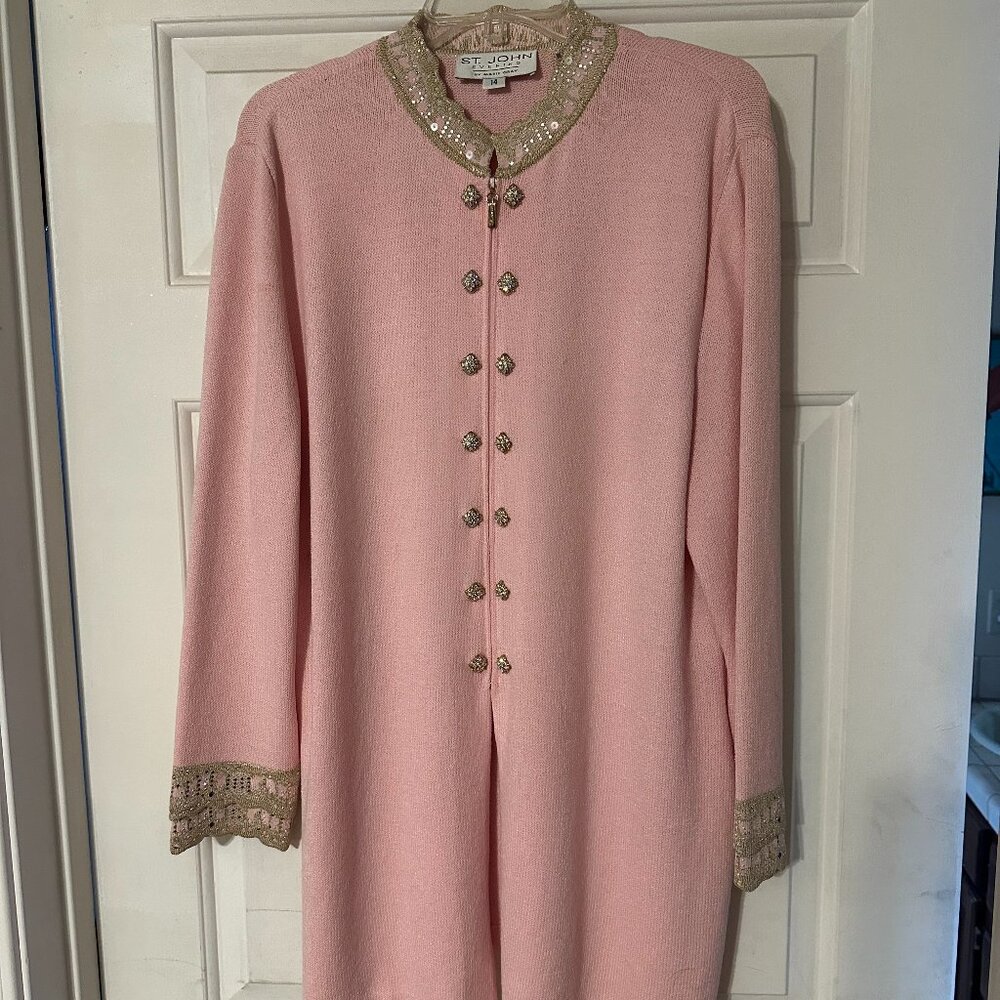 St. John Evening Pink Metallic Gold Studs Trim Topper Long Jacket